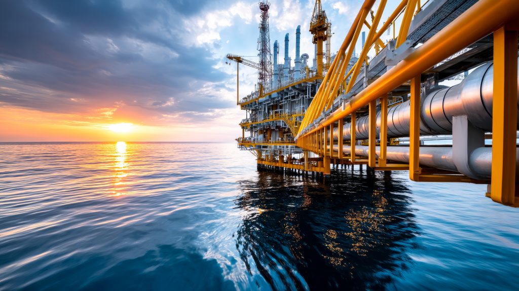 sunset at an oil rig. workers are seen at an offshore oil rig during sunset, surrounded by calm waters and a colorful sky.